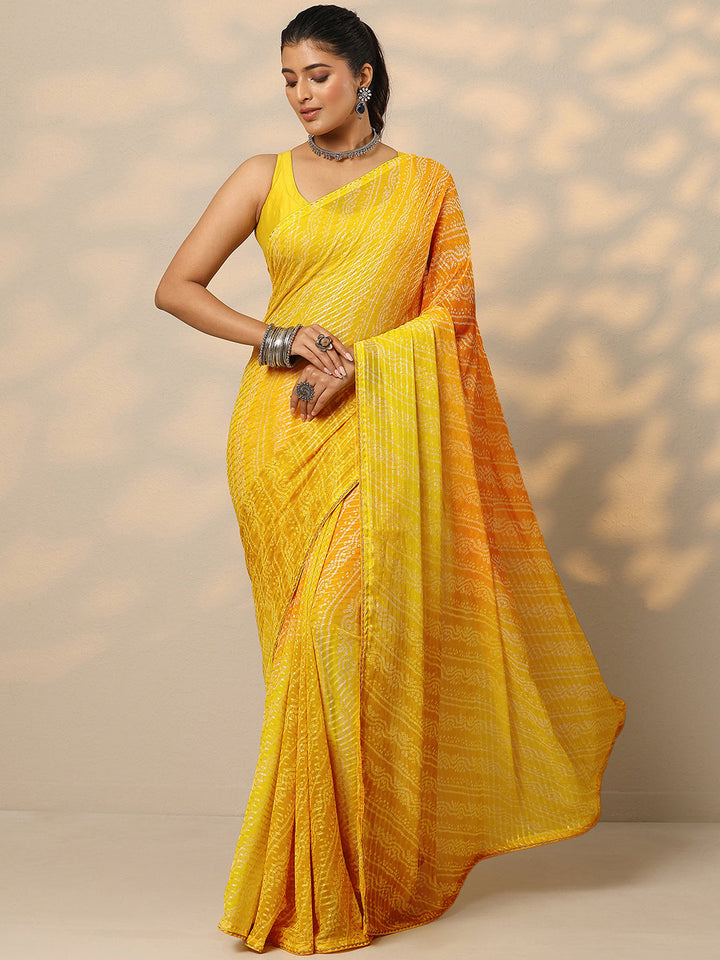 Mustard Bandhani Printed Chiffon Saree With Unstitched Blouse Piece