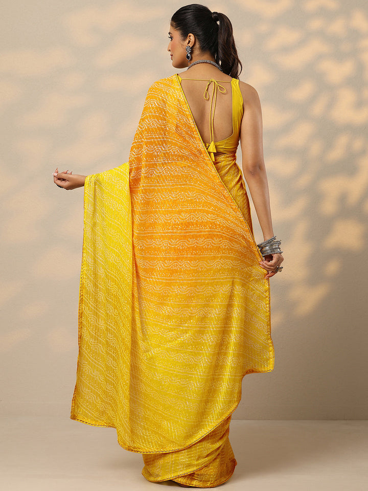 Mustard Bandhani Printed Chiffon Saree With Unstitched Blouse Piece