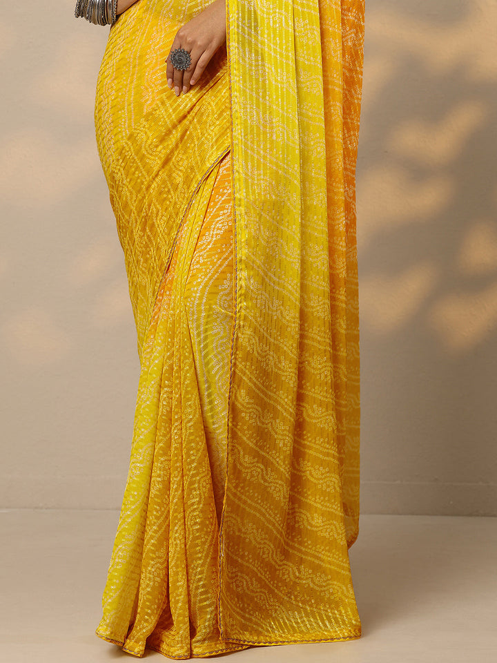 Mustard Bandhani Printed Chiffon Saree With Unstitched Blouse Piece