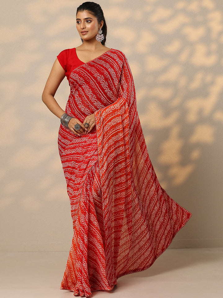 Red Bandhani Printed Chiffon Saree With Unstitched Blouse Piece