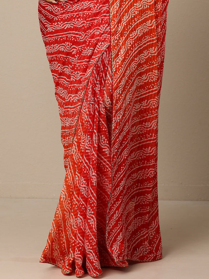 Red Bandhani Printed Chiffon Saree With Unstitched Blouse Piece