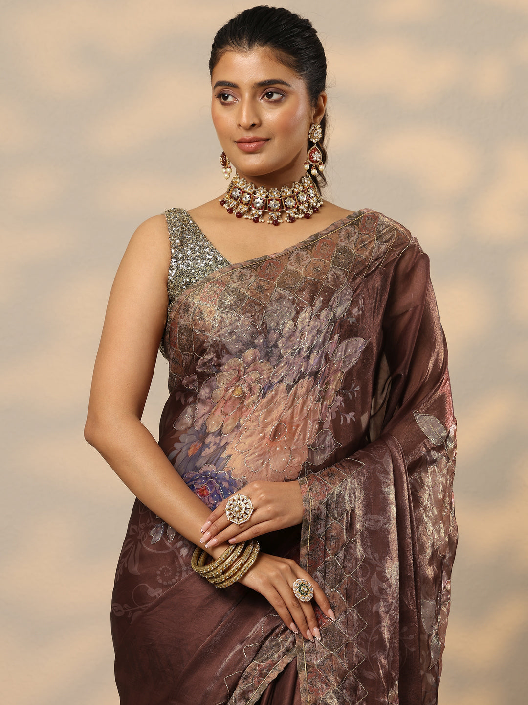 Brown Printed Organza Saree With Unstitched Blouse Piece