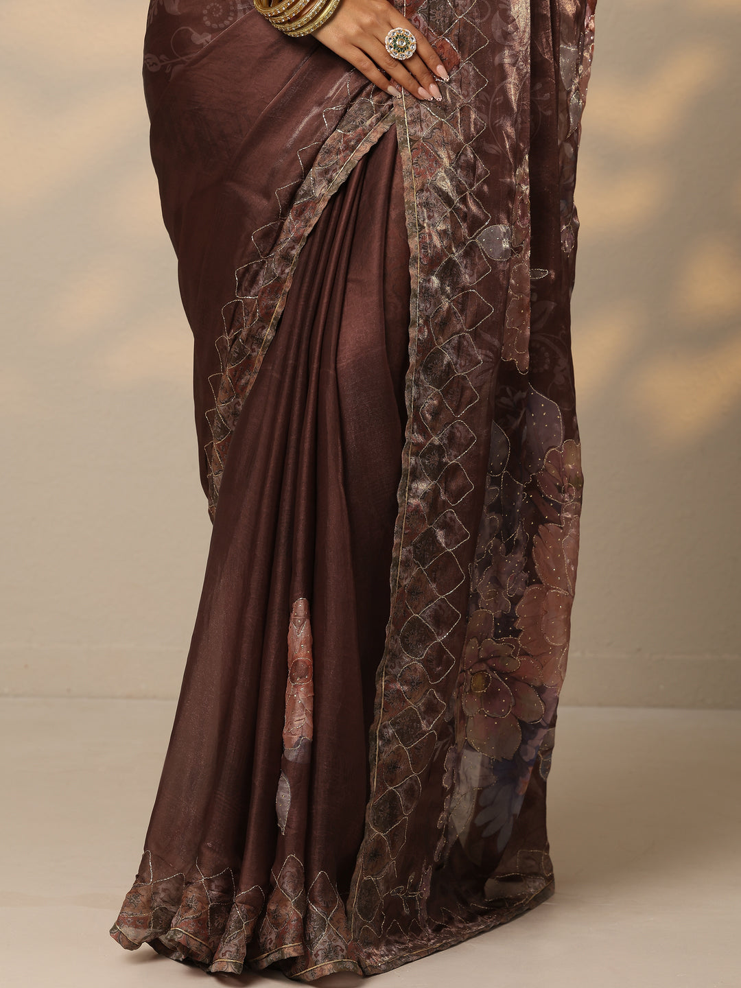 Brown Printed Organza Saree With Unstitched Blouse Piece
