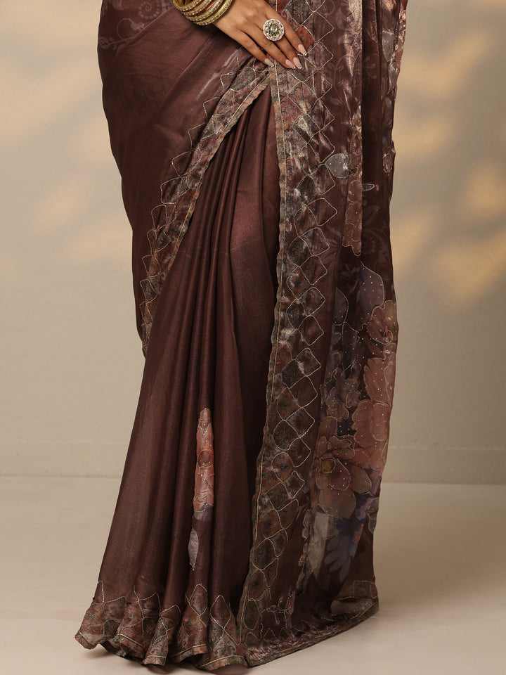 Brown Printed Organza Saree With Unstitched Blouse Piece