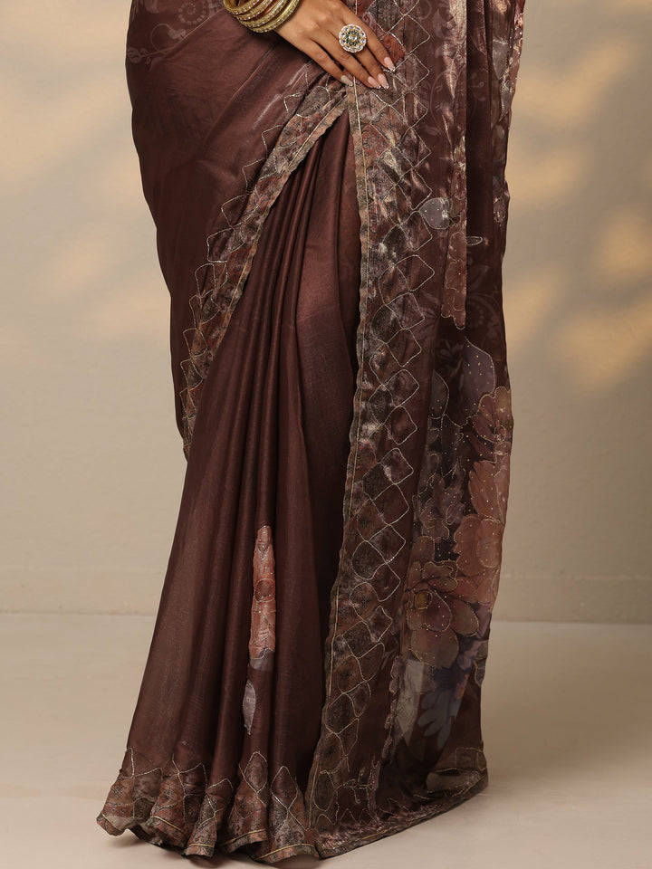 Brown Printed Organza Saree With Unstitched Blouse Piece