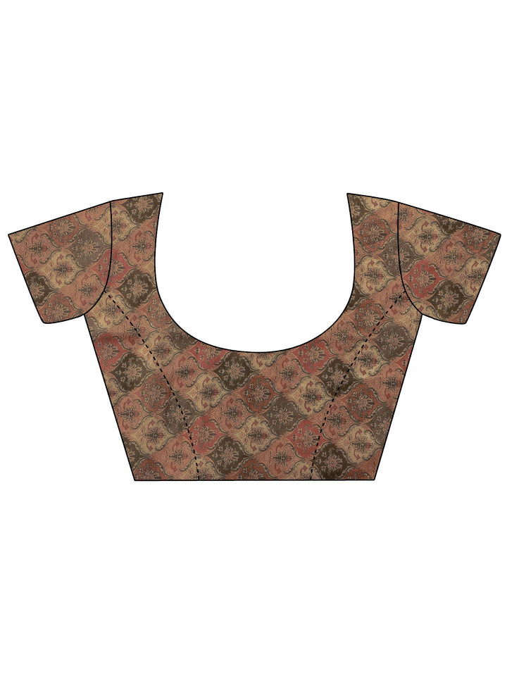 Brown Printed Organza Saree With Unstitched Blouse Piece