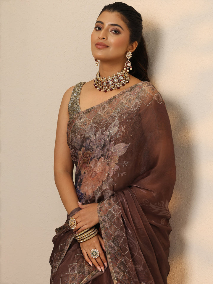 Brown Printed Organza Saree With Unstitched Blouse Piece