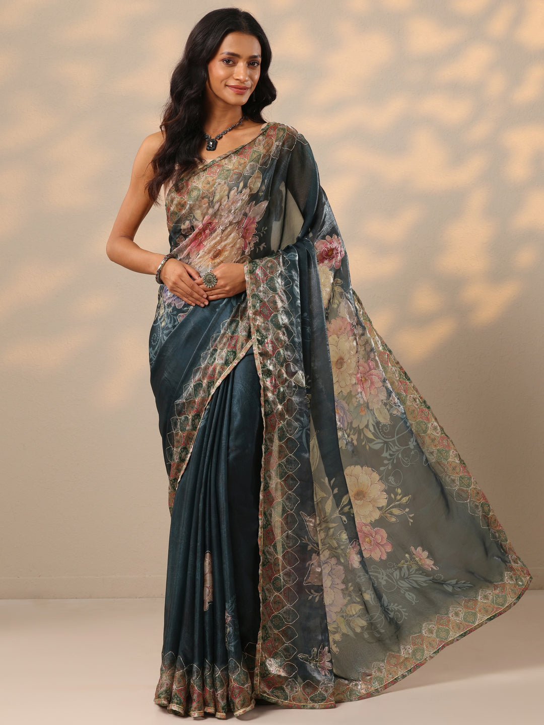 Blue Printed Organza Saree With Unstitched Blouse Piece