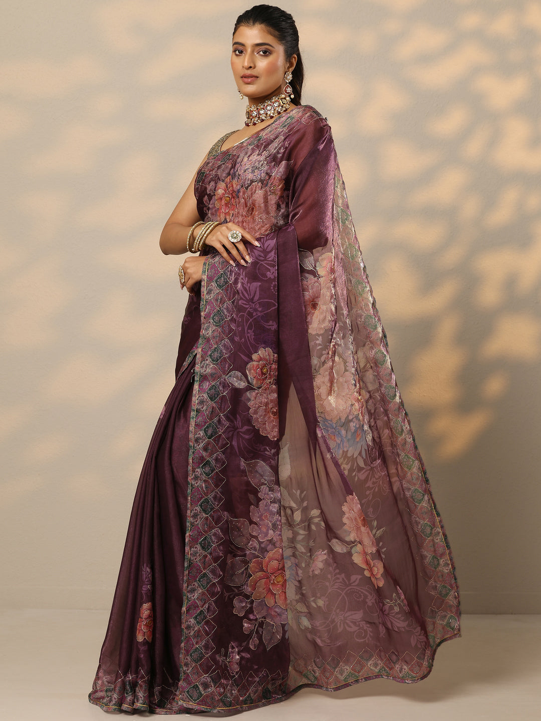 Burgundy Printed Organza Saree With Unstitched Blouse Piece