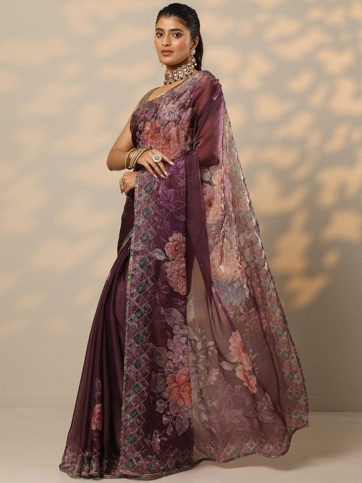 Burgundy Printed Organza Saree With Unstitched Blouse Piece