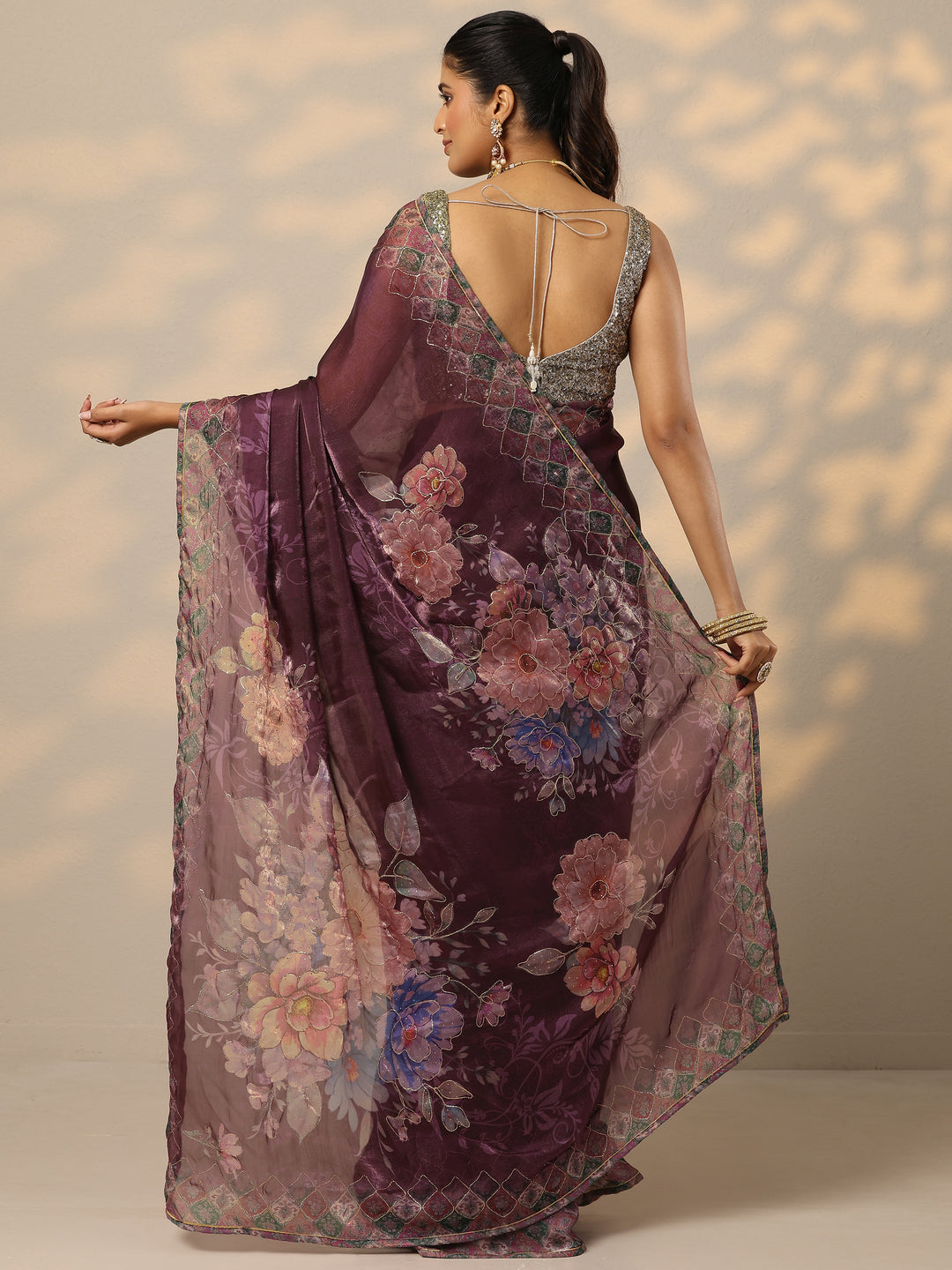 Burgundy Printed Organza Saree With Unstitched Blouse Piece