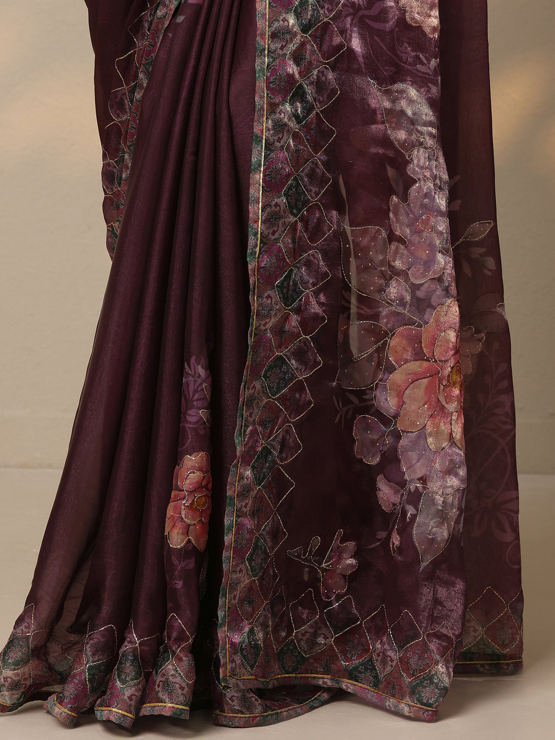 Burgundy Printed Organza Saree With Unstitched Blouse Piece