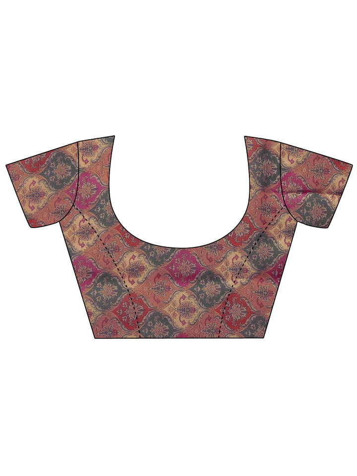 Burgundy Printed Organza Saree With Unstitched Blouse Piece