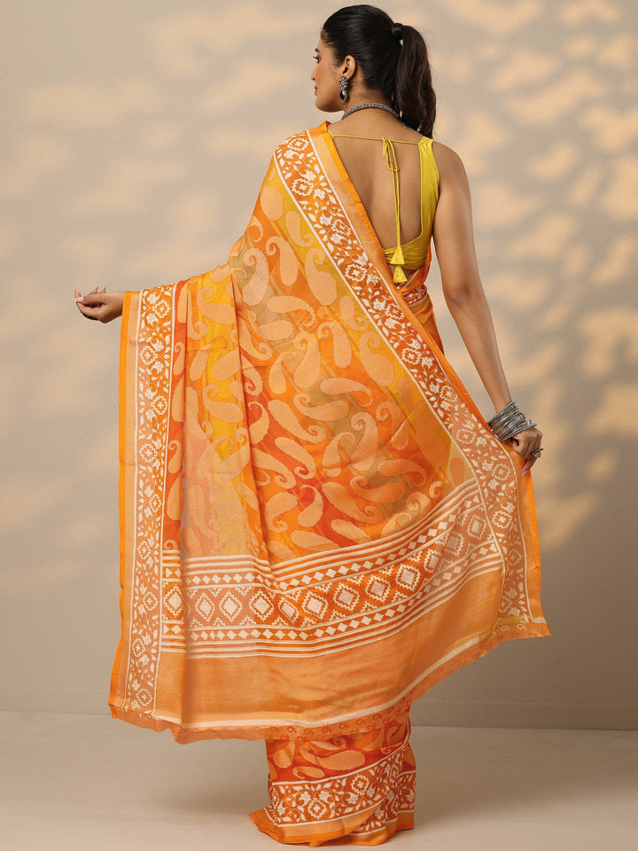 Mustard Printed Georgette Saree With Unstitched Blouse Piece
