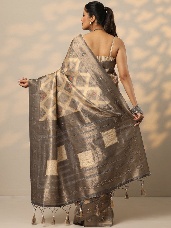 Grey Woven Design Banarasi Silk Blend Saree With Unstitched Blouse Piece