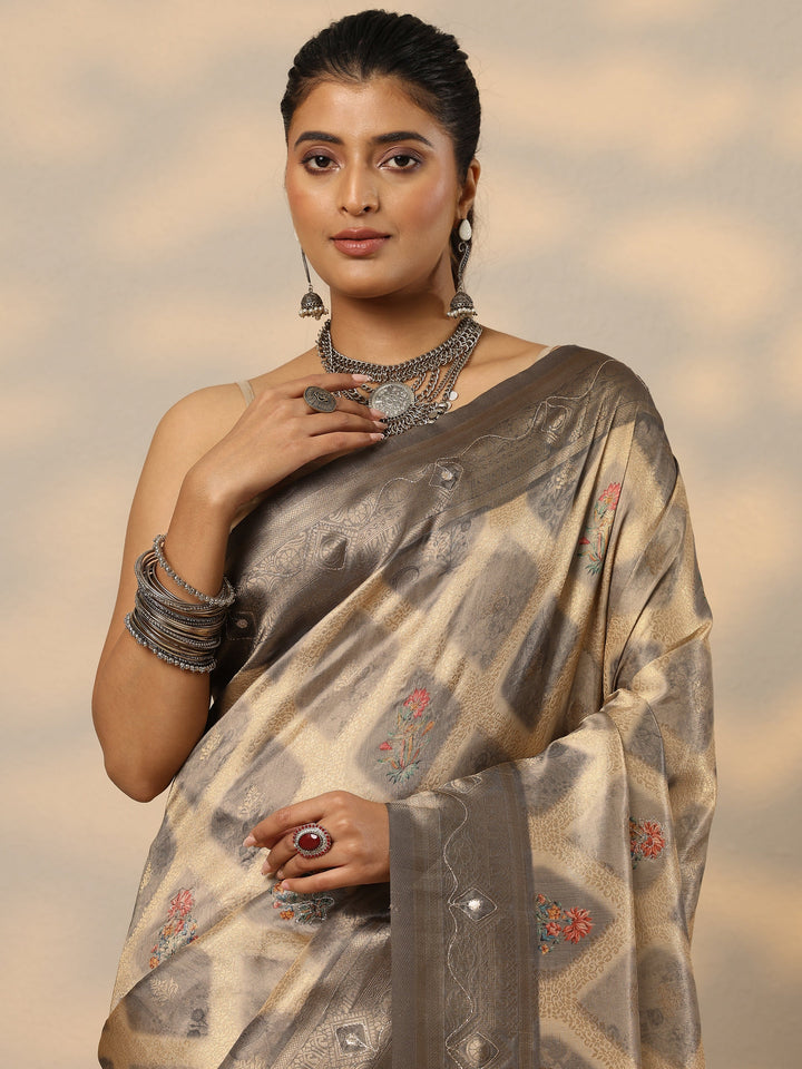 Grey Woven Design Banarasi Silk Blend Saree With Unstitched Blouse Piece