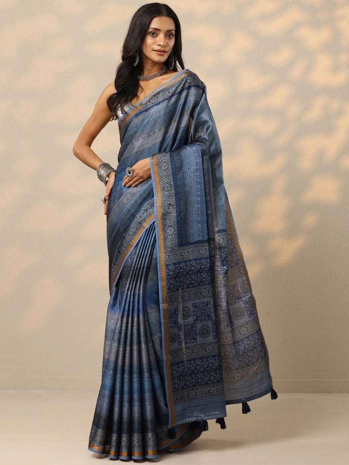 Blue Printed Silk Blend Saree With Unstitched Blouse Piece