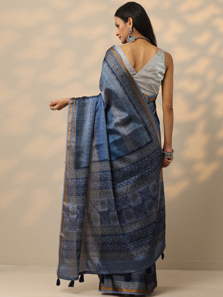 Blue Printed Silk Blend Saree With Unstitched Blouse Piece