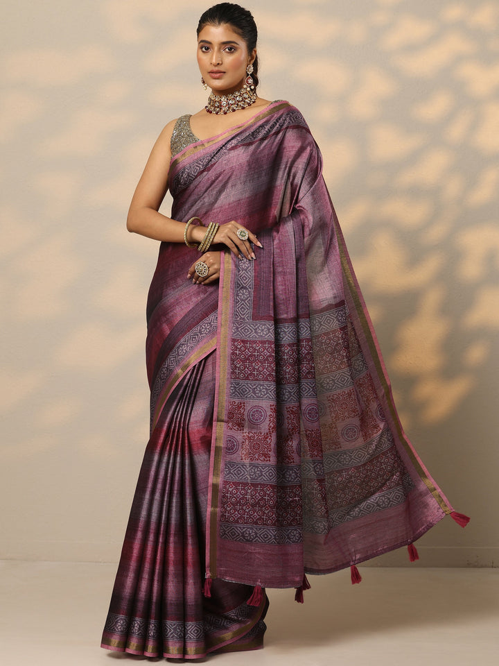Mauve Printed Silk Blend Saree With Unstitched Blouse Piece