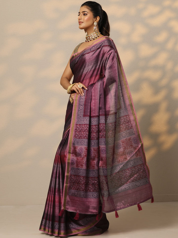Mauve Printed Silk Blend Saree With Unstitched Blouse Piece