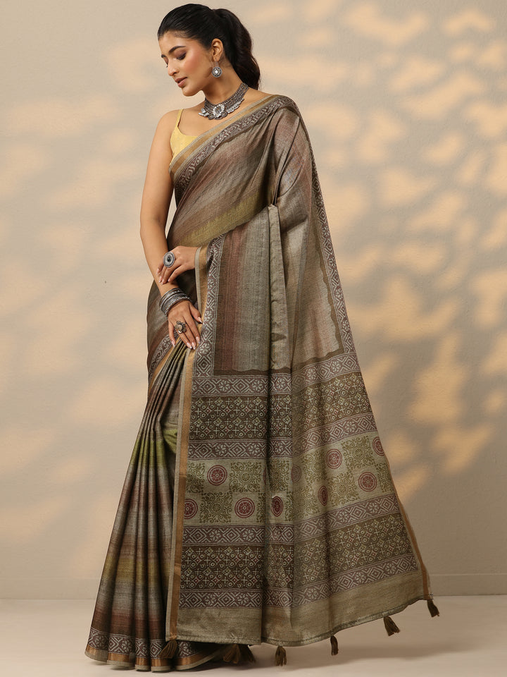 Green Printed Silk Blend Saree With Unstitched Blouse Piece