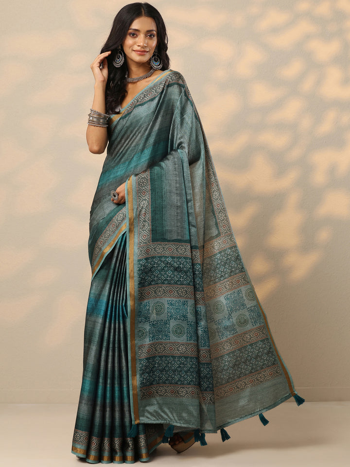 Teal Printed Silk Blend Saree With Unstitched Blouse Piece