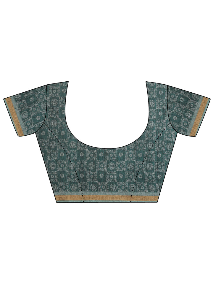 Teal Printed Silk Blend Saree With Unstitched Blouse Piece