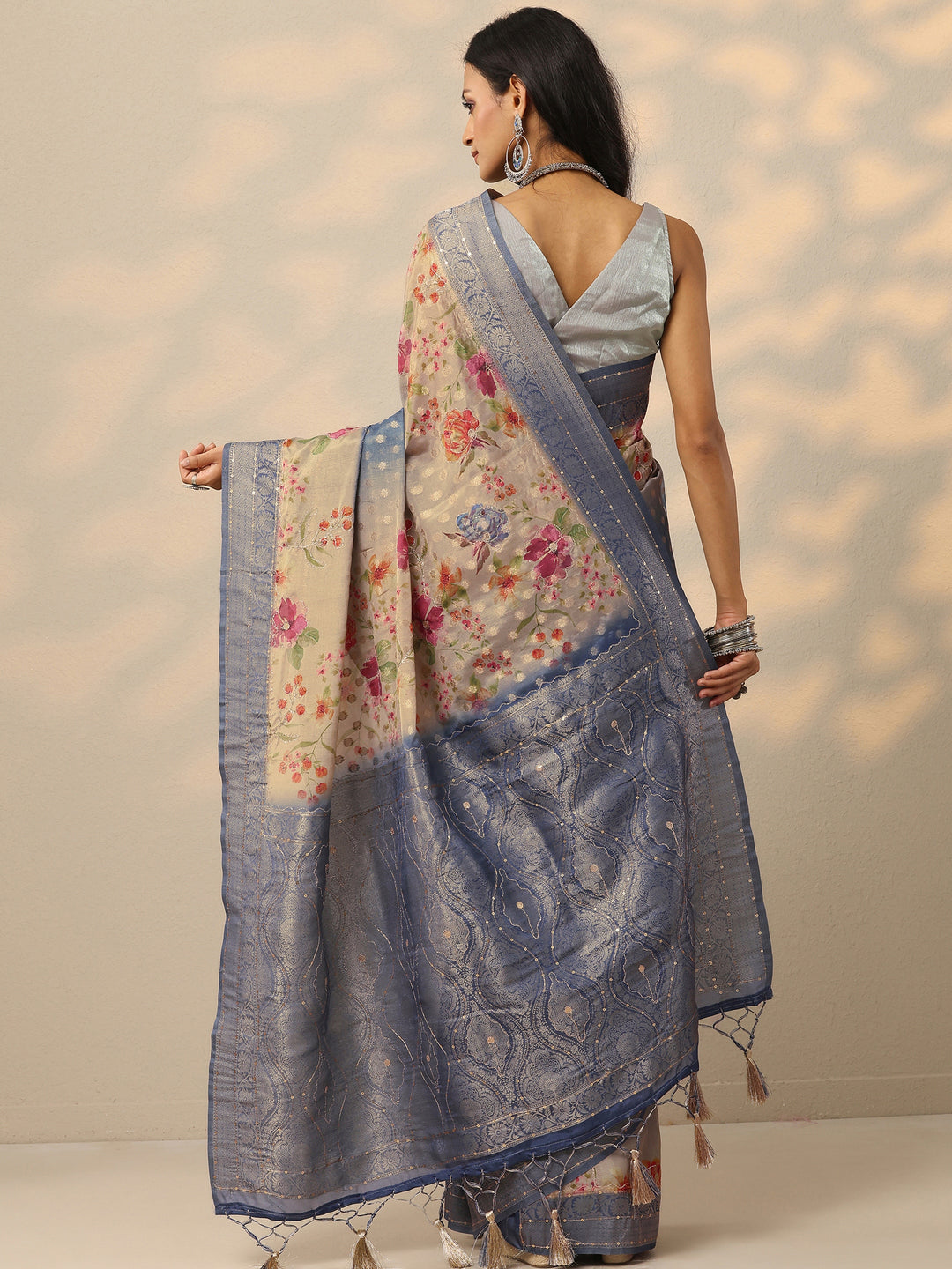 Blue Woven Design Silk Blend Saree With Unstitched Blouse Piece