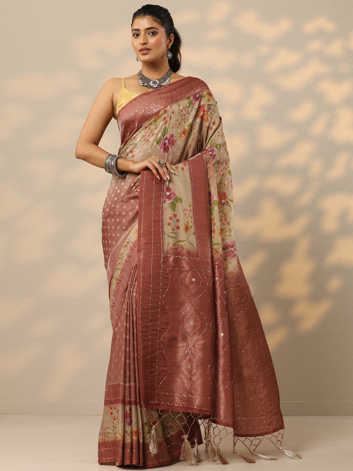 Brown Woven Design Silk Blend Saree With Unstitched Blouse Piece