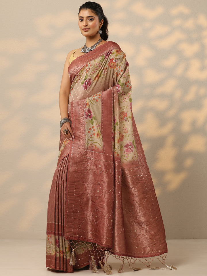 Brown Woven Design Silk Blend Saree With Unstitched Blouse Piece