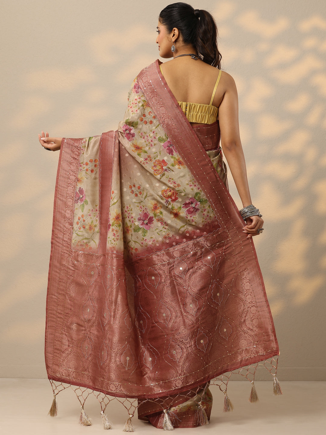 Brown Woven Design Silk Blend Saree With Unstitched Blouse Piece