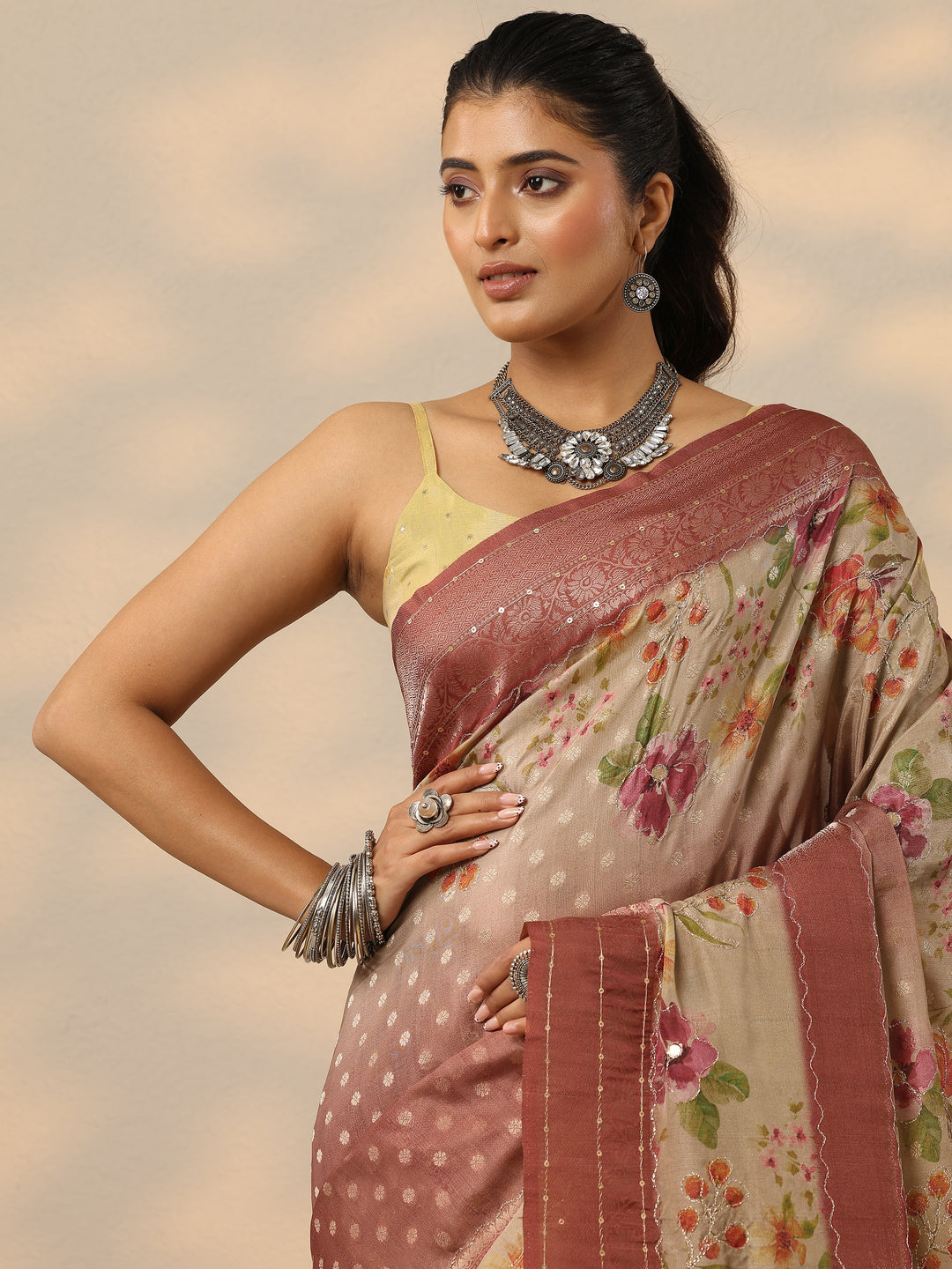 Brown Woven Design Silk Blend Saree With Unstitched Blouse Piece