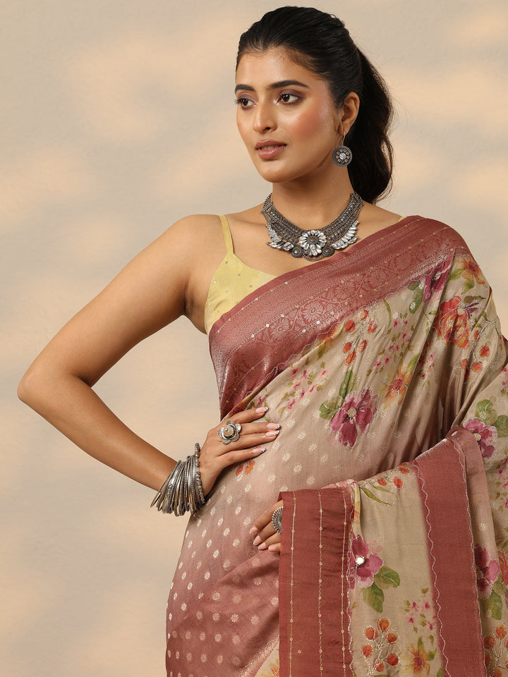 Brown Woven Design Silk Blend Saree With Unstitched Blouse Piece