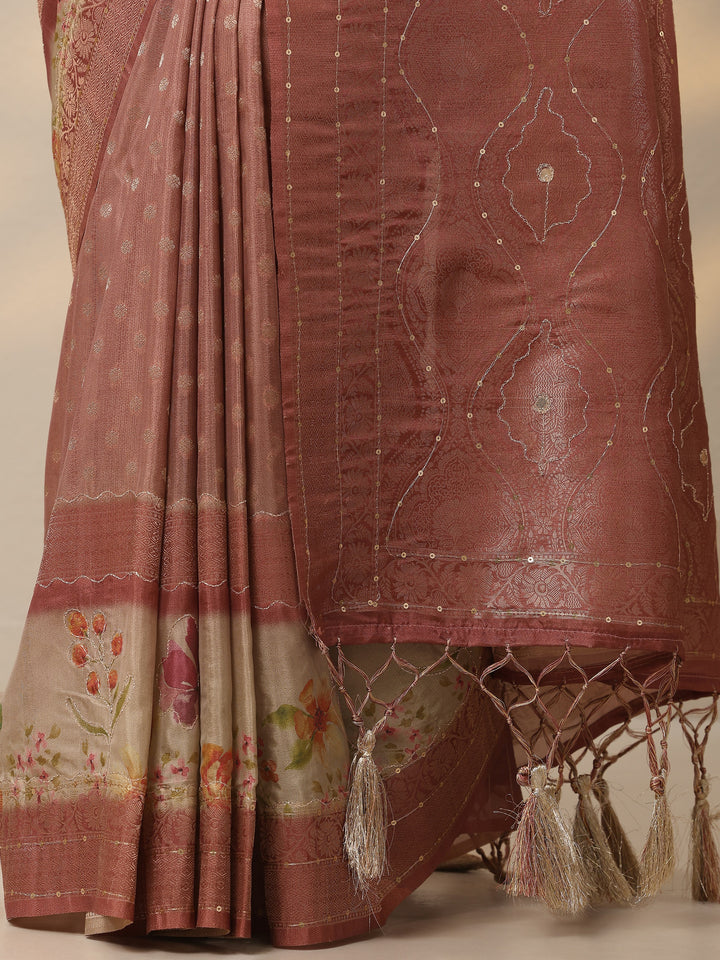 Brown Woven Design Silk Blend Saree With Unstitched Blouse Piece