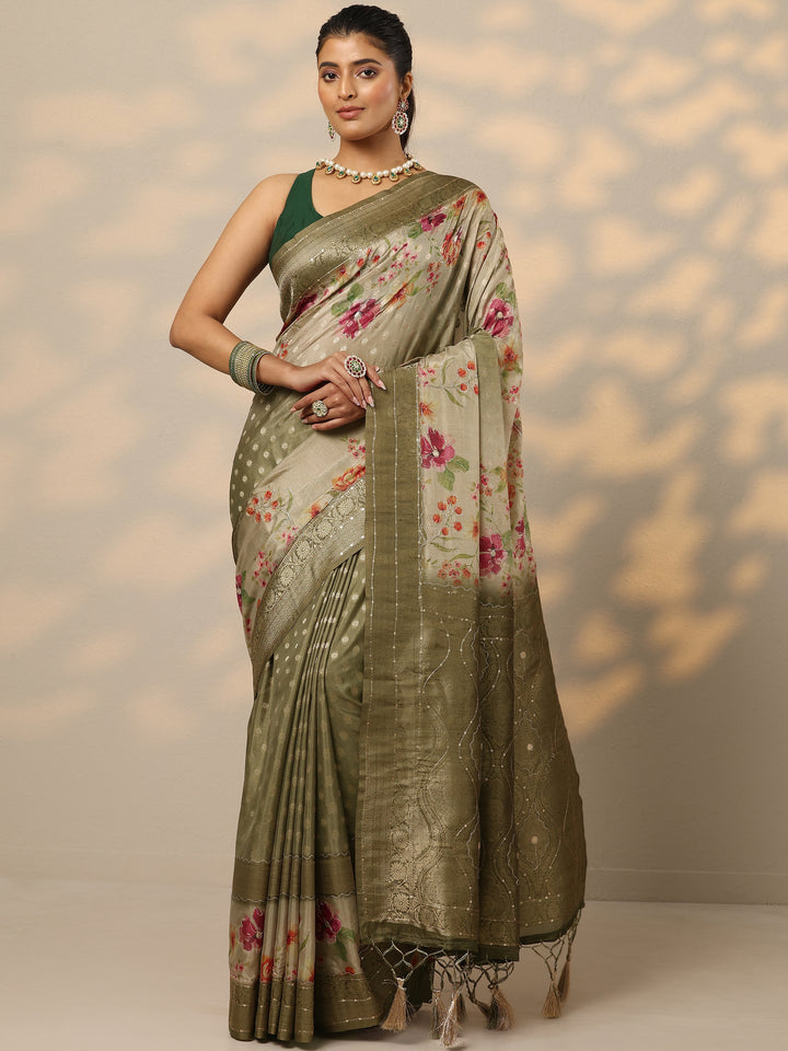 Green Woven Design Silk Blend Saree With Unstitched Blouse Piece