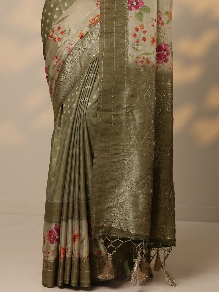Green Woven Design Silk Blend Saree With Unstitched Blouse Piece