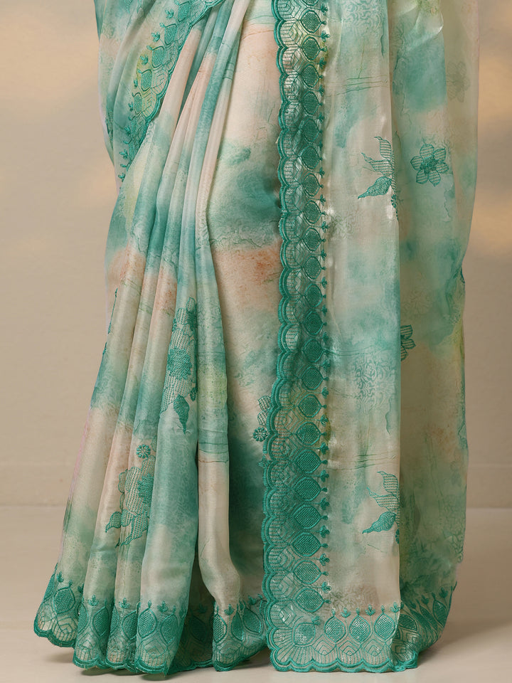 Turquoise Blue Embroidered Organza Saree With Unstitched Blouse Piece