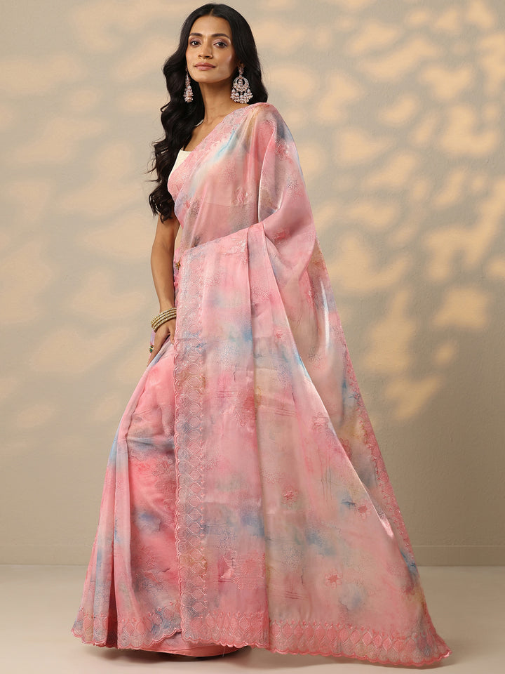 Pink Embroidered Organza Saree With Unstitched Blouse Piece