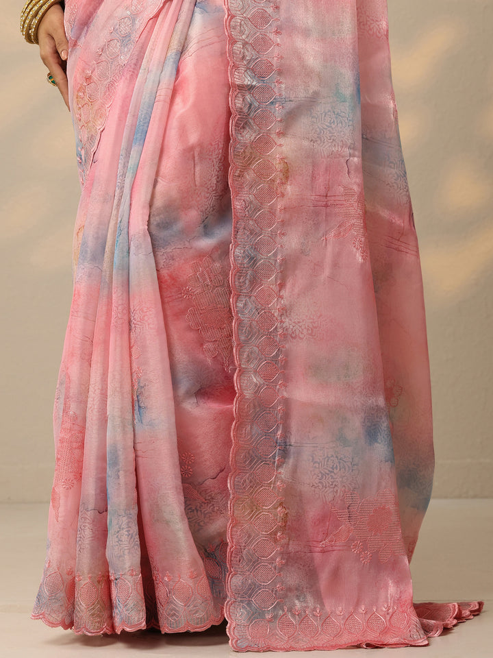Pink Embroidered Organza Saree With Unstitched Blouse Piece