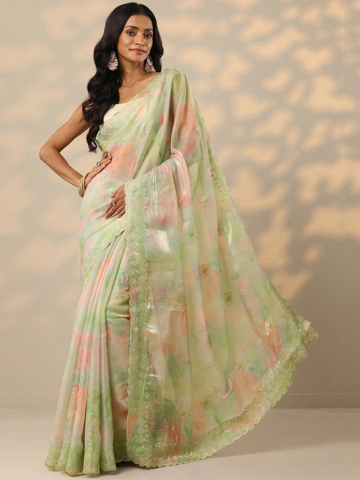 Green Embroidered Organza Saree With Unstitched Blouse Piece