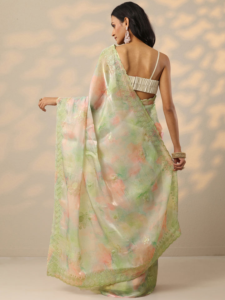 Green Embroidered Organza Saree With Unstitched Blouse Piece