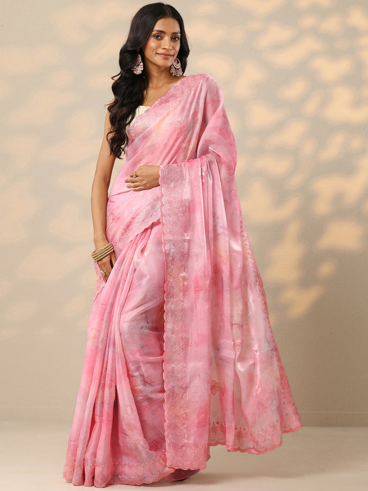 Pink Embroidered Organza Saree With Unstitched Blouse Piece