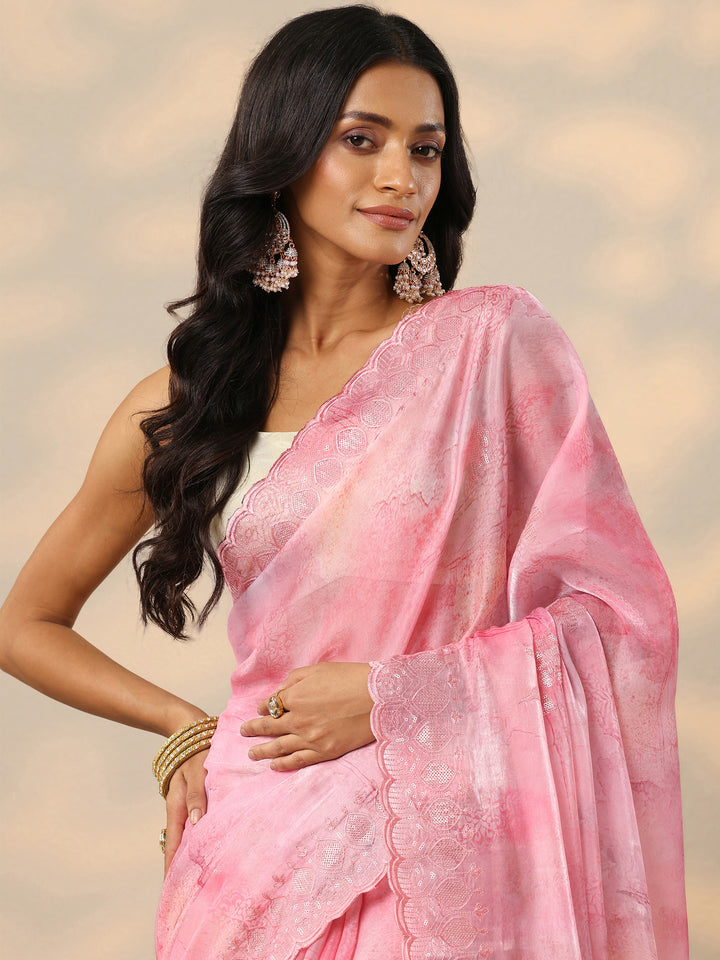Pink Embroidered Organza Saree With Unstitched Blouse Piece