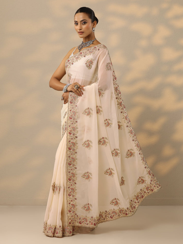 Cream Embellished Georgette Saree With Unstitched Blouse Piece