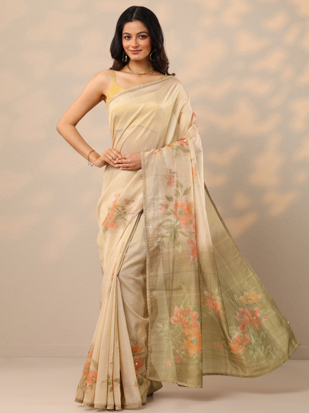 Beige Printed Silk Blend Sarees With Unstitched Blouse Piece
