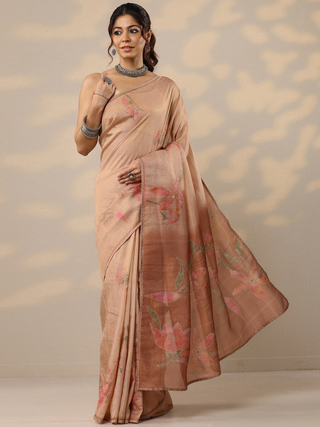 Peach Printed Silk Blend Sarees With Unstitched Blouse Piece
