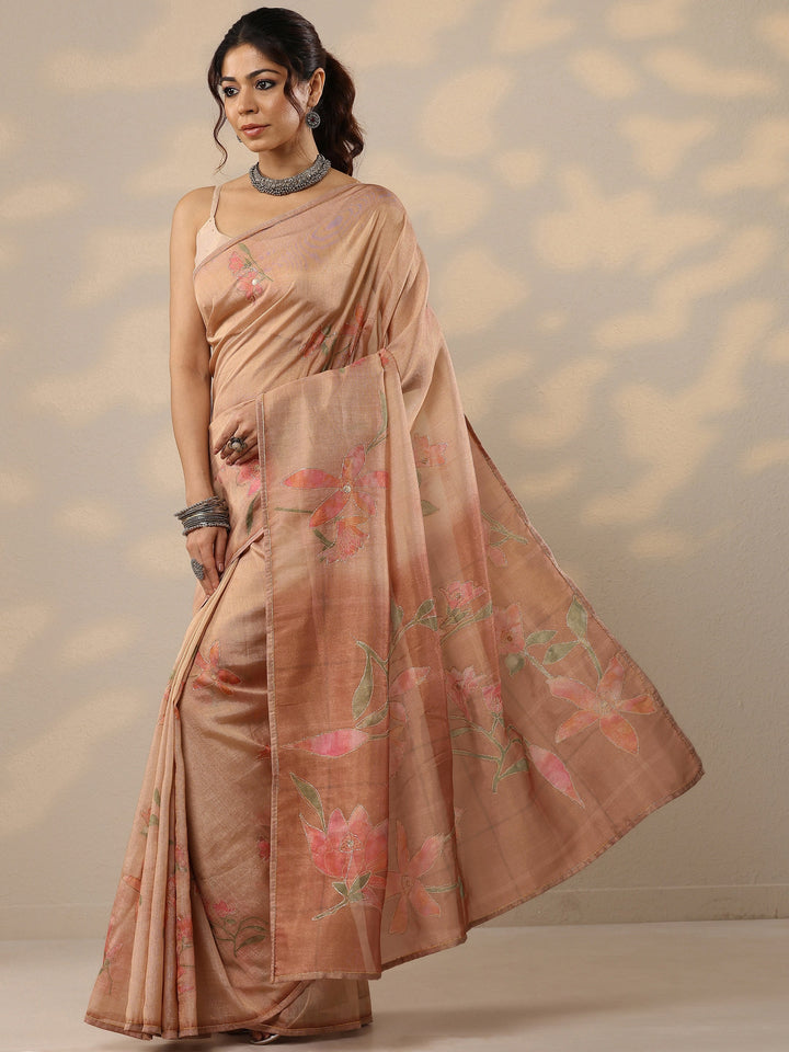 Peach Printed Silk Blend Sarees With Unstitched Blouse Piece