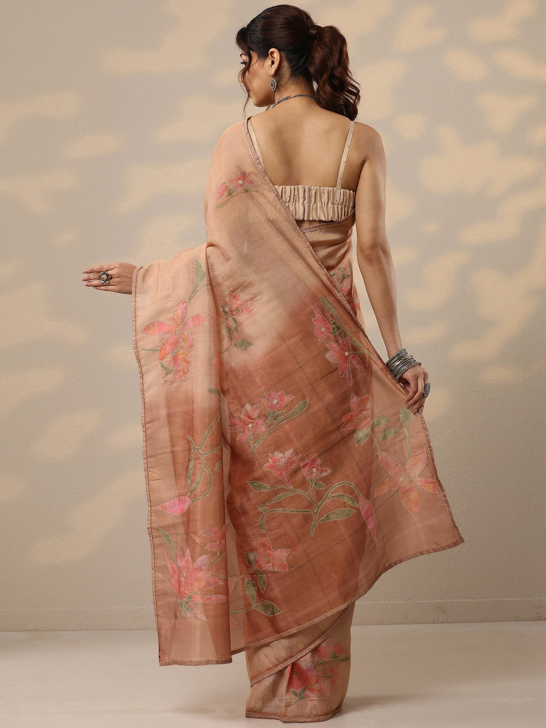 Peach Printed Silk Blend Sarees With Unstitched Blouse Piece
