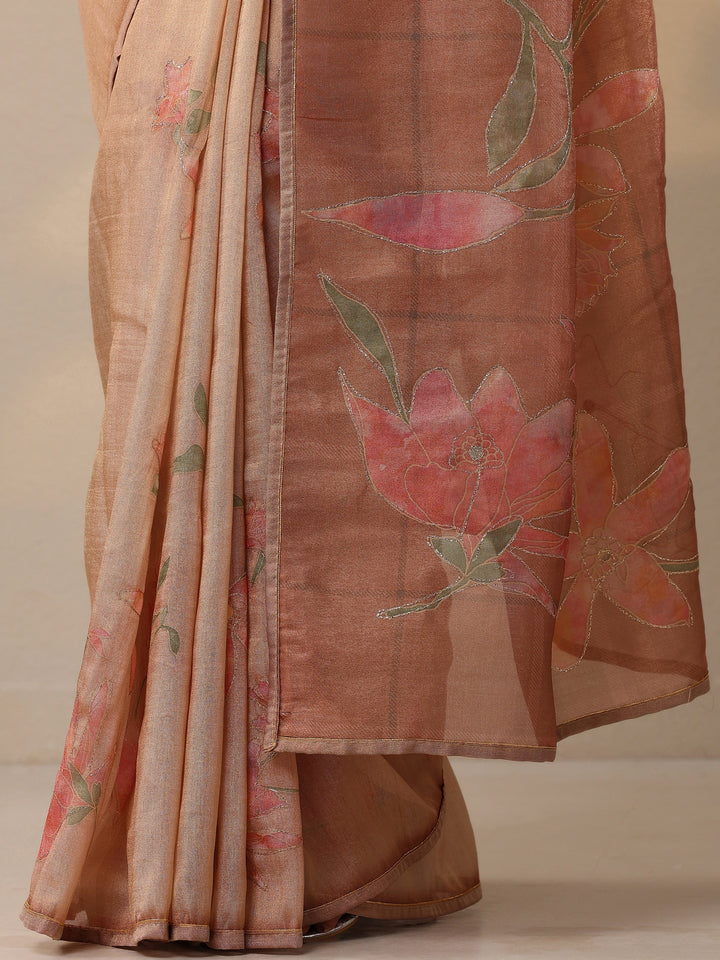 Peach Printed Silk Blend Sarees With Unstitched Blouse Piece