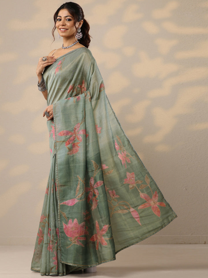 Green Printed Silk Blend Sarees With Unstitched Blouse Piece